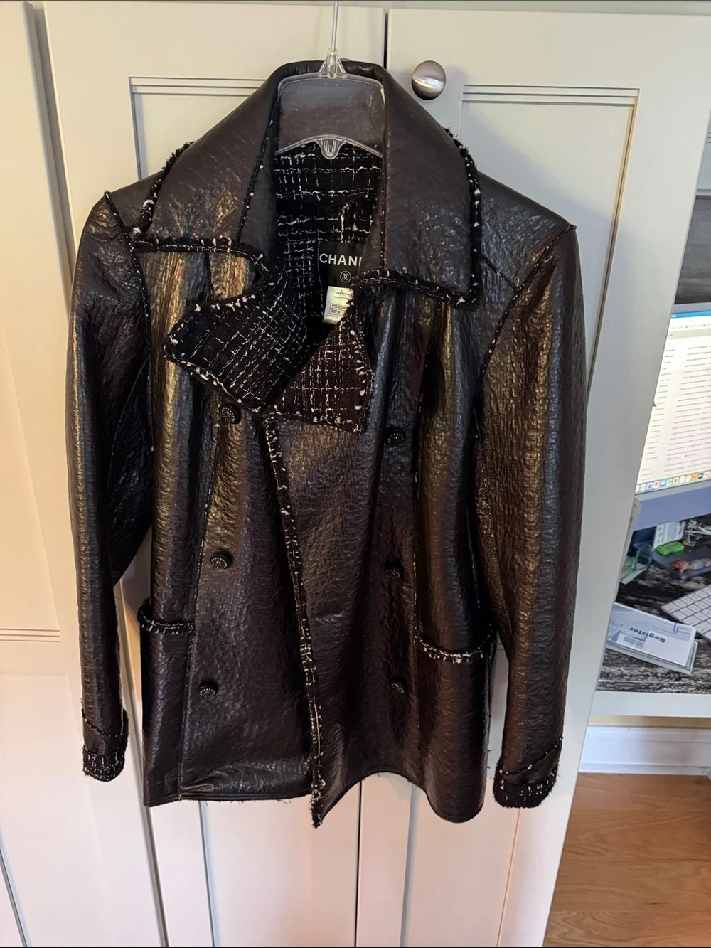 CHANEL Black Leather-Effect Jacket with Tweed Trim